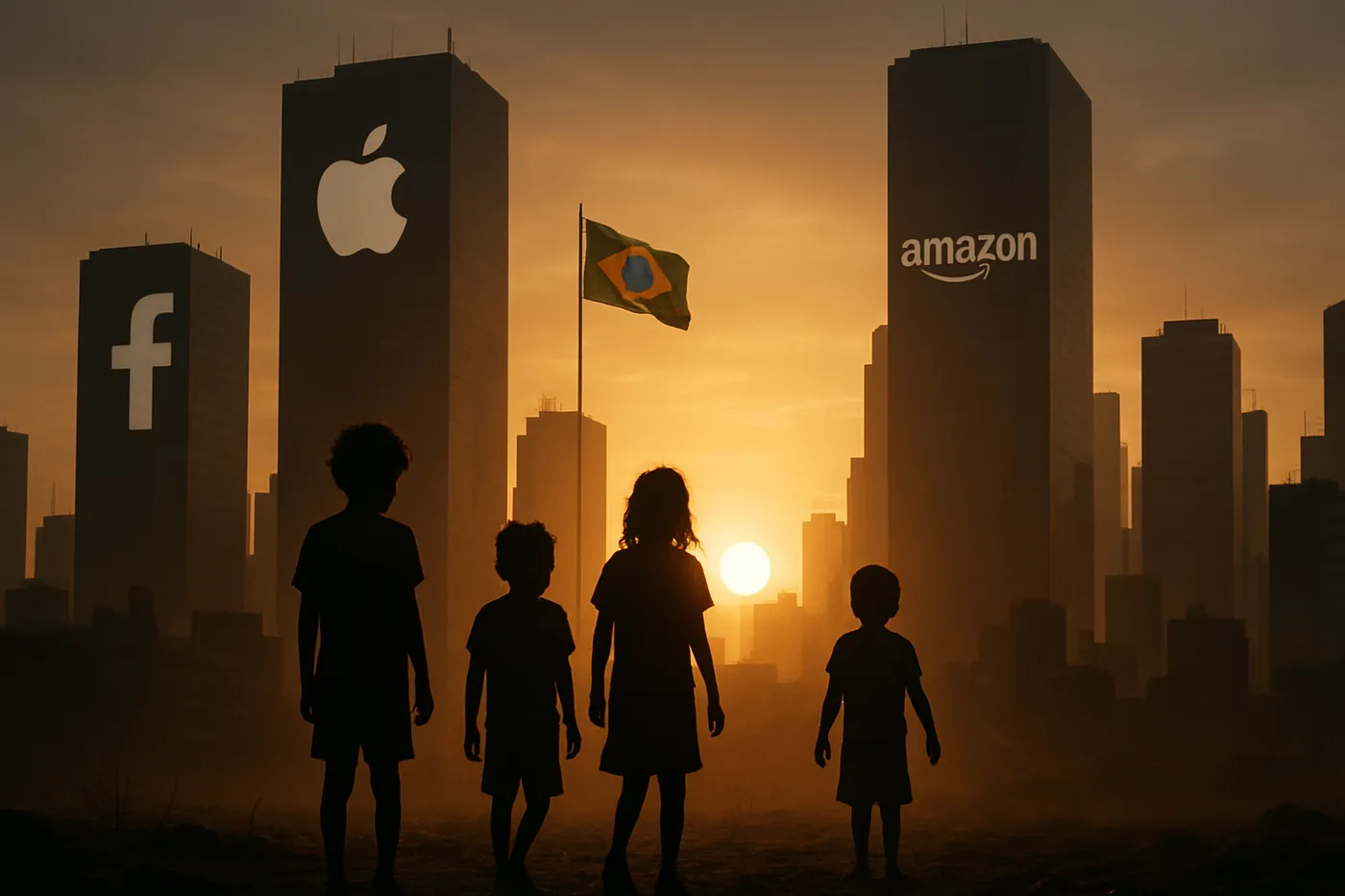 A digital landscape showing the conflict between children's safety and corporate interests in Brazil.