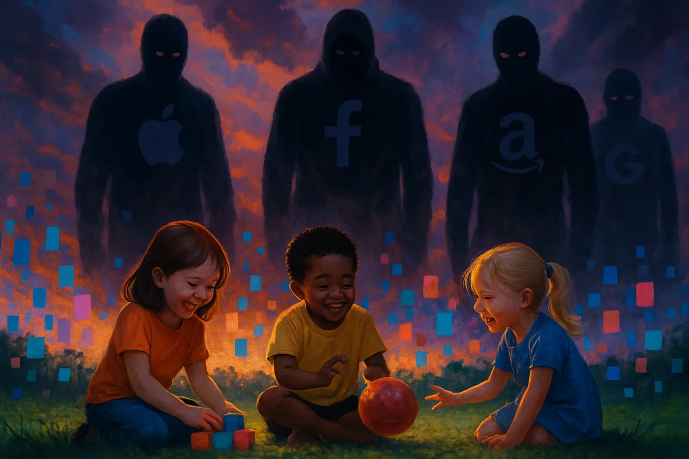 Capa de artigo sobre PL 2628 mostrando crianças em ambiente digital seguro contrastando com sombras de Big Tech, simbolizando a luta pela segurança online.