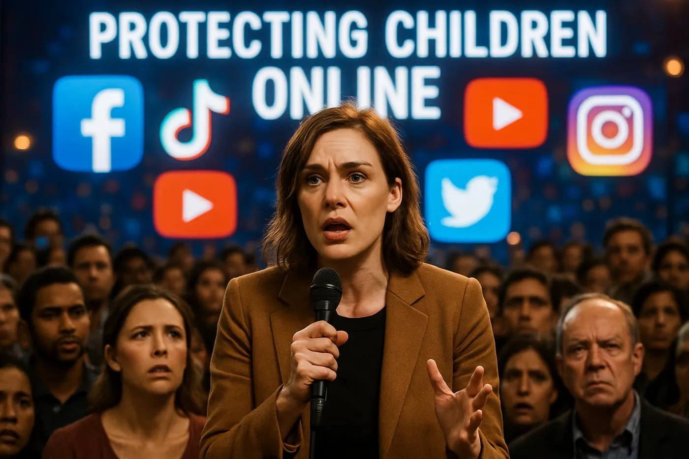 Influenciadora debatendo sobre segurança infantil online, rodeada por reações da plateia, capturando a urgência do tema nas redes sociais.