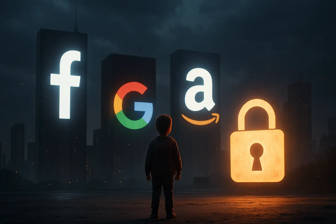 Capa de revista sobre a batalha entre Big Tech e a segurança infantil online, com elementos digitais e simbolismo forte.
