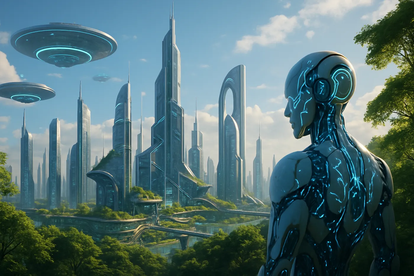 Futuristic city skyline representing Brazil's investment in artificial intelligence, merging technology and nature.