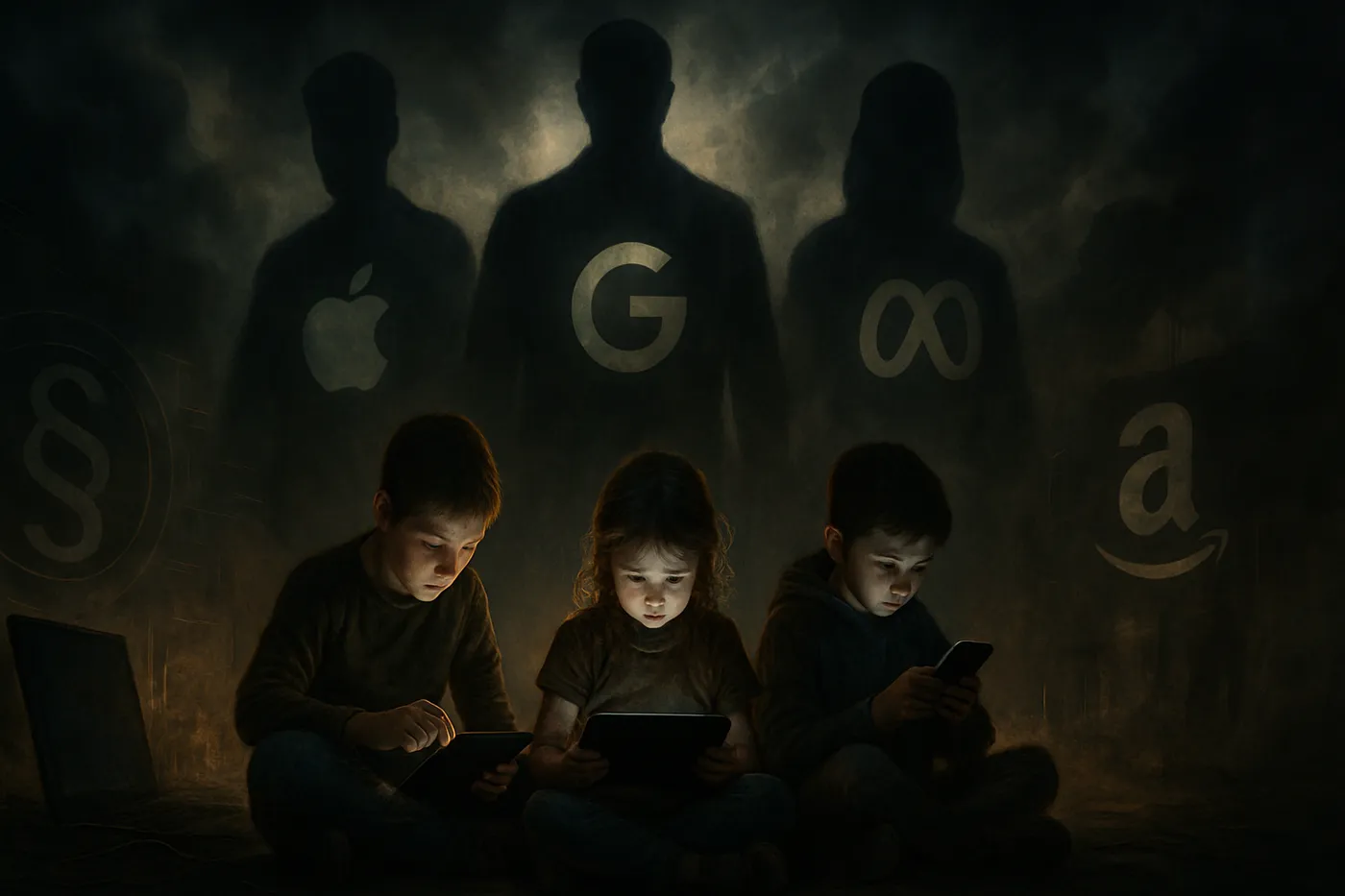 Cenário digital retratando crianças jogando em um ambiente online seguro, enquanto gigantes da tecnologia projetam sombras ameaçadoras, evocando a luta pela regulamentação na internet.