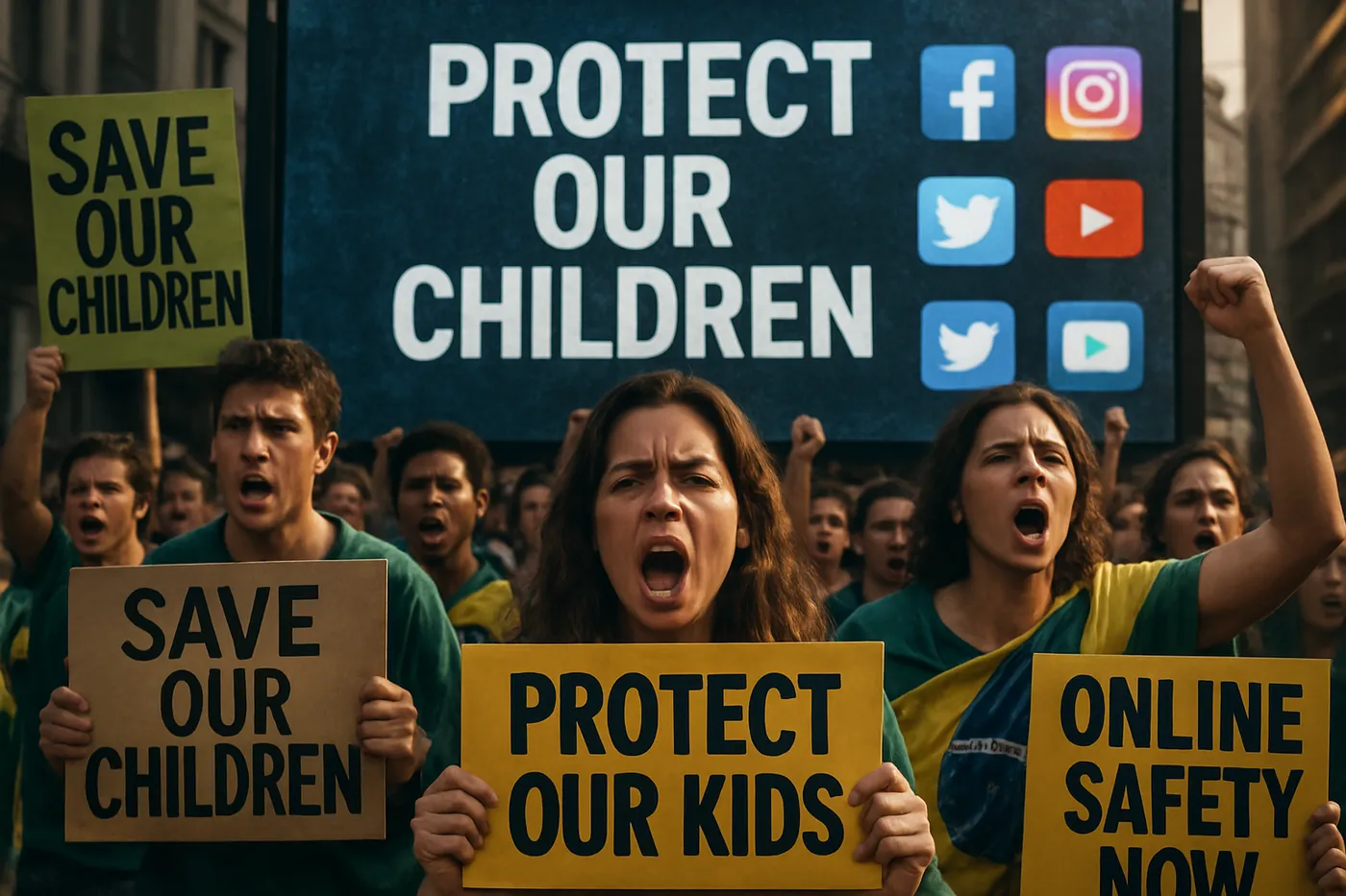 Protesters rallying for children's online safety in Brazil, symbolizing the urgent conflict between Big Tech and child protection laws.