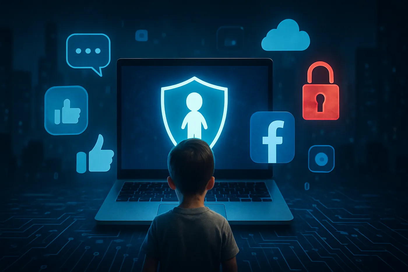 Uma representação visuais de segurança infantil online, refletindo a batalha atual contra a exploração em plataformas digitais.