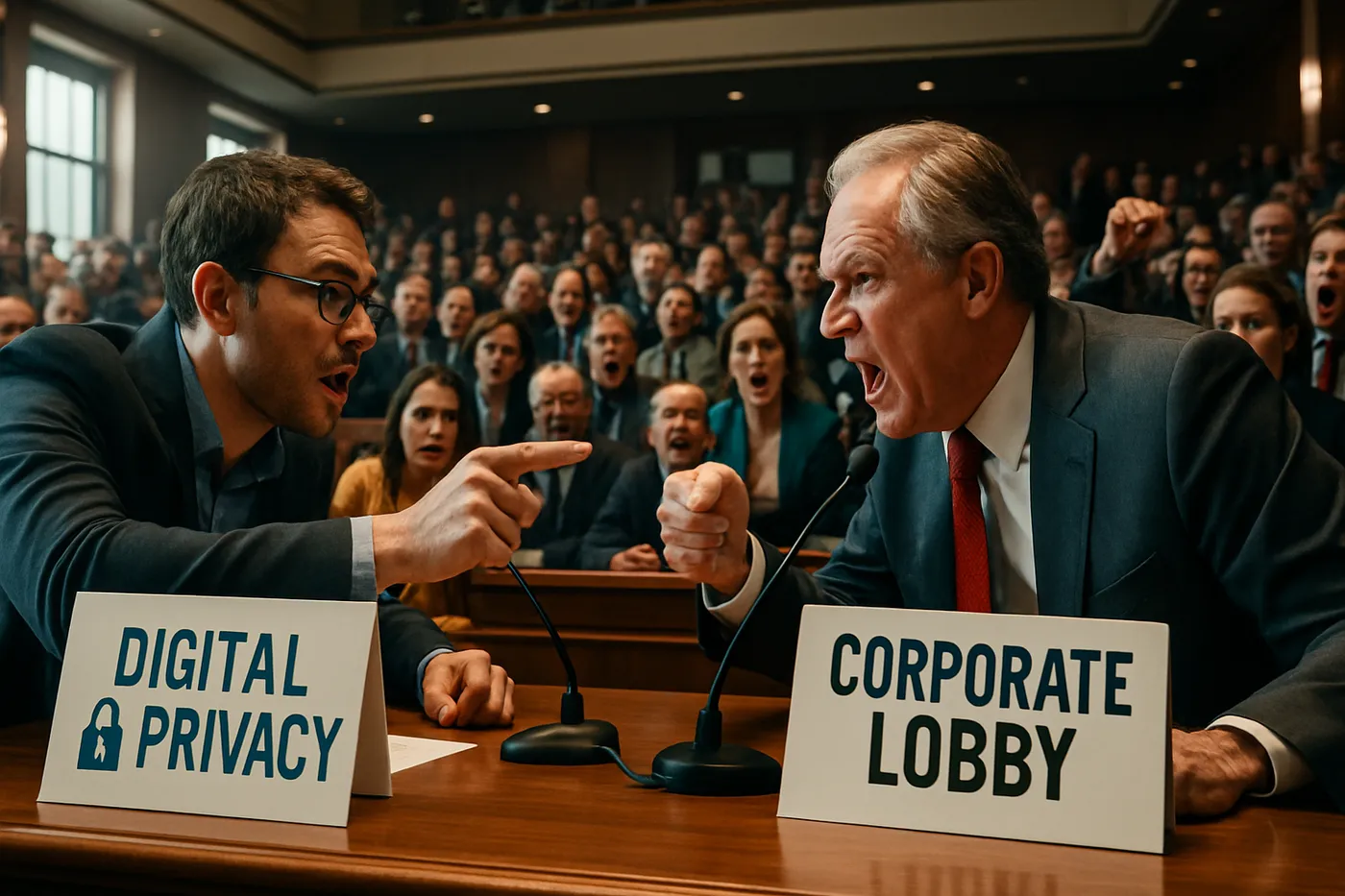 Cenário intenso mostrando a batalha entre defensores da segurança digital e lobistas corporativos em um edifício legislativo moderno.