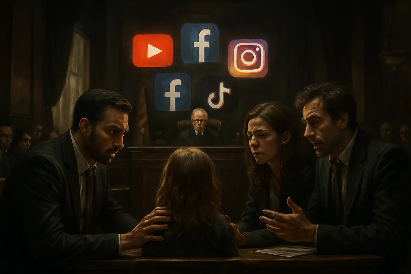 Ilustração reflexiva sobre a luta contra a exploração infantil nas redes sociais e o lobby de grandes empresas de tecnologia.