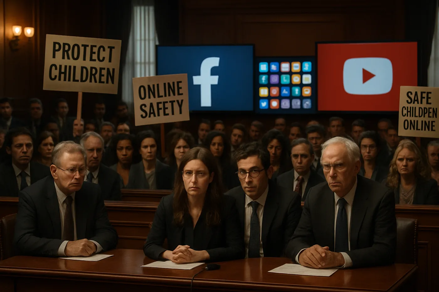 Imagem de um tribunal com cidadãos preocupados e lobbyistas de tecnologia debatendo sobre segurança infantil online.