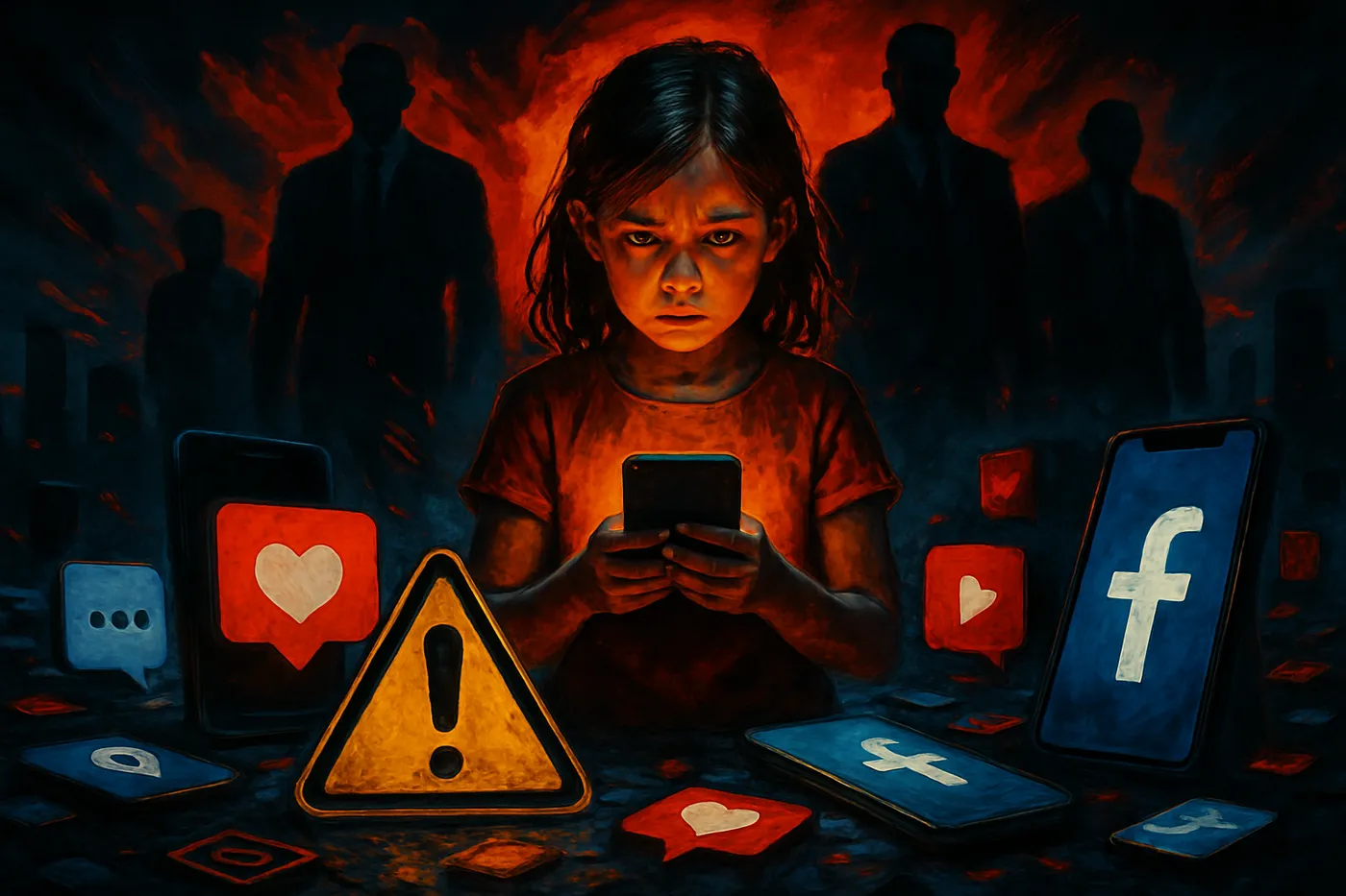 Imagem ilustrativa sobre a batalha digital entre Big Tech e a segurança infantil, mostrando elementos de tecnologia e proteção de crianças.