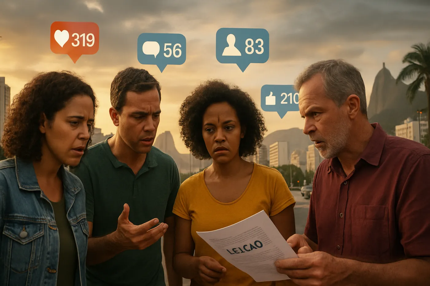Capa de artigo sobre Big Tech e suas influências na política brasileira, com cidadãos discutindo questões legislativas em um cenário urbano.