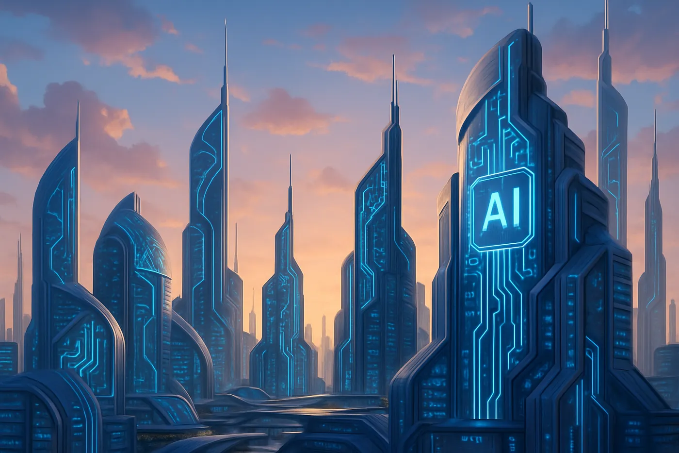 Futuristic city skyline representing the impact of AI innovations in 2025.