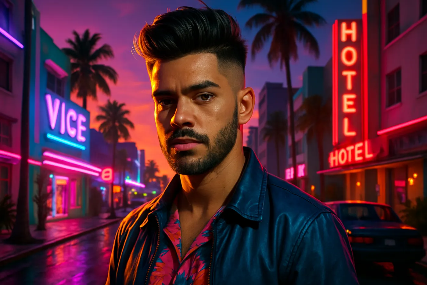 Ilustração estilizada de John Vlogs no universo de GTA 6 em Vice City.