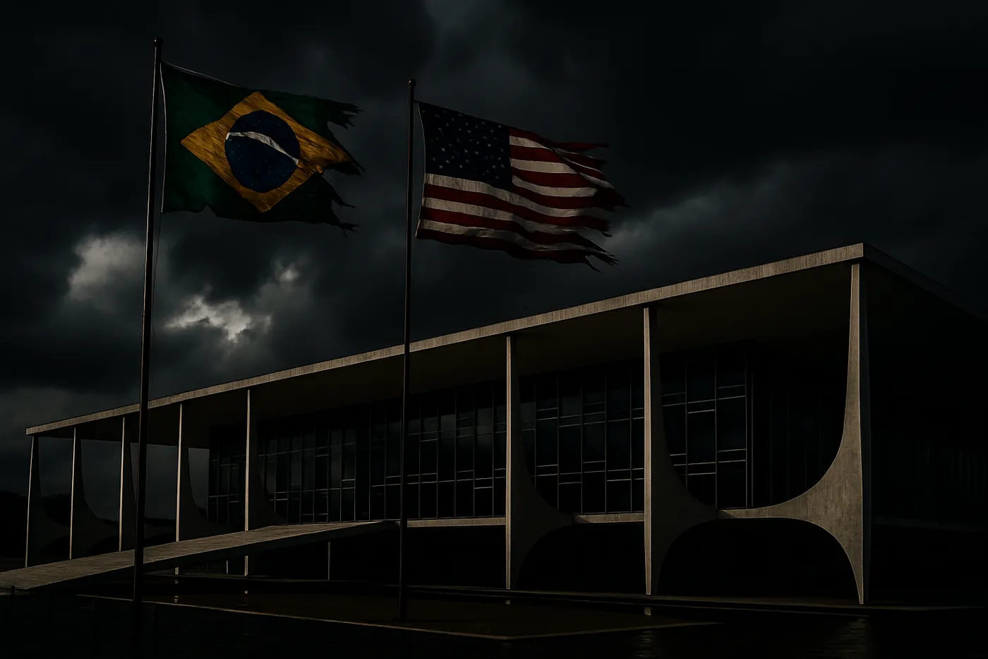 Palácio do Planalto sob céu tempestuoso representando a crise diplomática entre Brasil e EUA.
