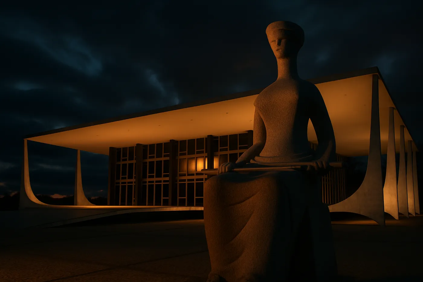 Fachada do Supremo Tribunal Federal com a estátua da Justiça em destaque sob iluminação dramática.