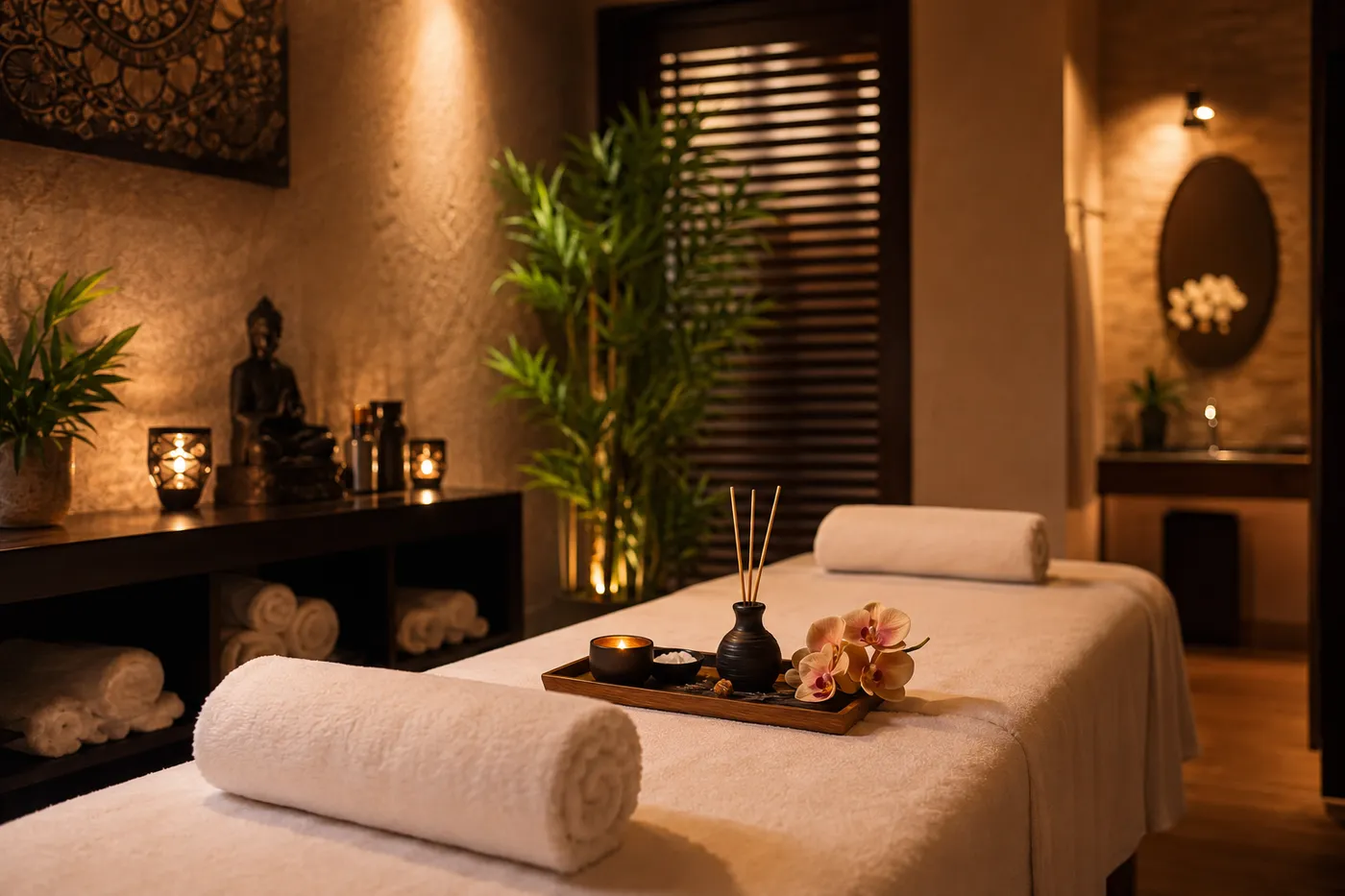 Sala de massoterapia com ambiente aconchegante e decoração voltada ao relaxamento em Mato Grosso.