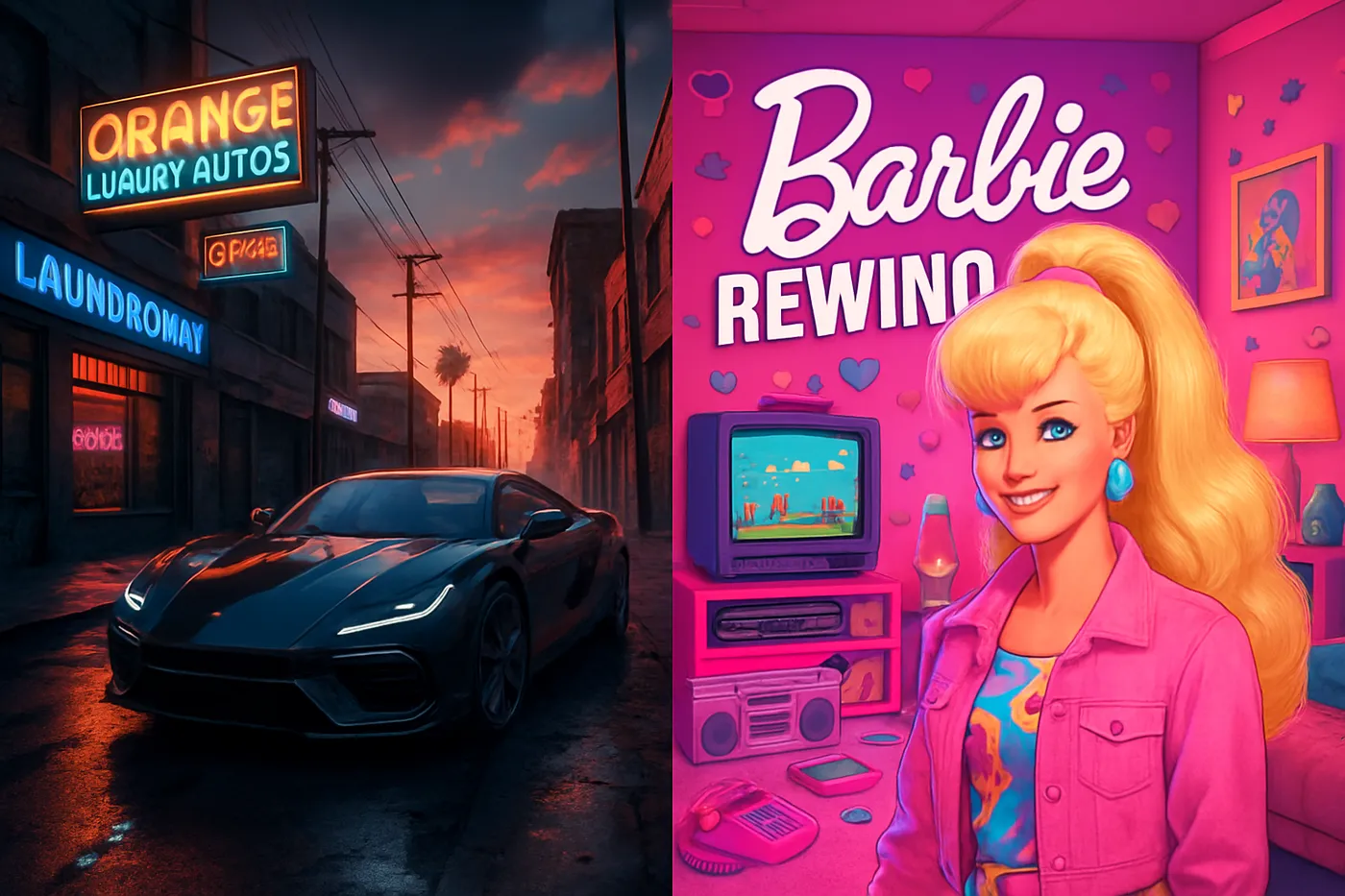 Contraste visual entre o mundo urbano de GTA 6 e a estética colorida de Barbie Rewind.