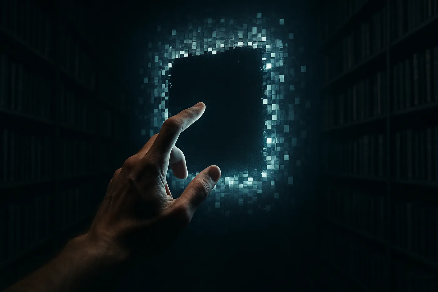 Mão humana tocando um portal digital em uma biblioteca escura, simbolizando a tensão entre homem e máquina.