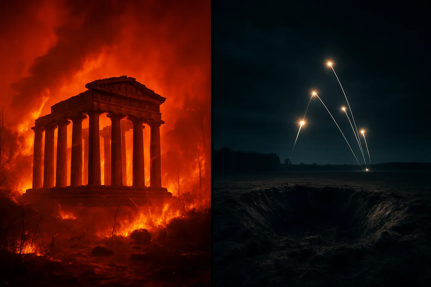 Colagem dramática mostrando incêndios na Grécia e uma cratera de míssil em um campo aberto, simbolizando a crise na Europa.