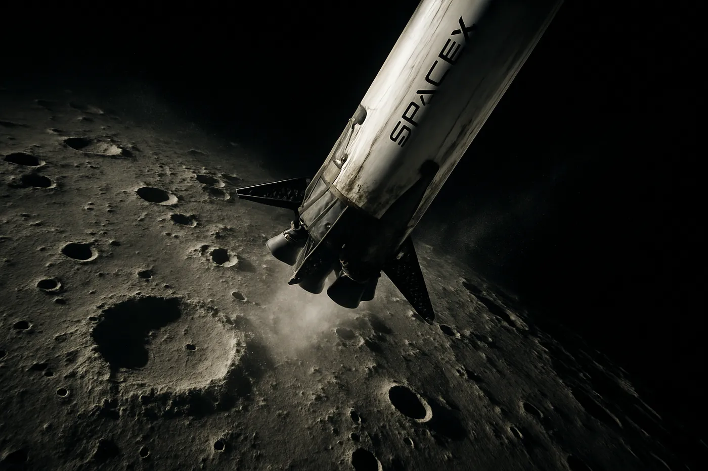 Ilustração de um estágio de foguete SpaceX caindo em direção à superfície da Lua.
