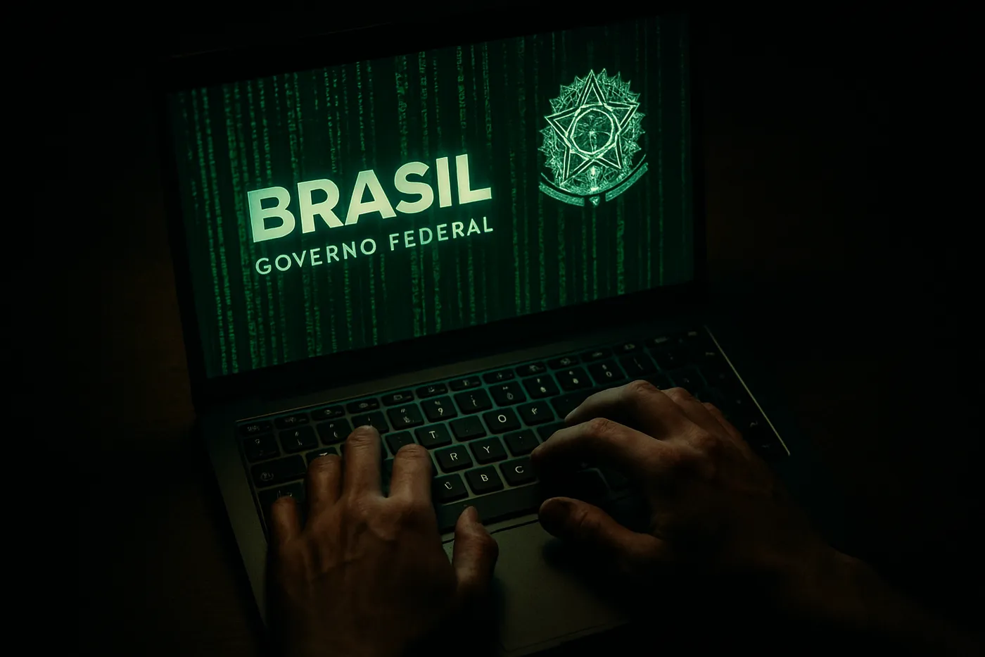 Mãos operando laptop com códigos digitais e logos de programas do governo, simbolizando crimes cibernéticos.