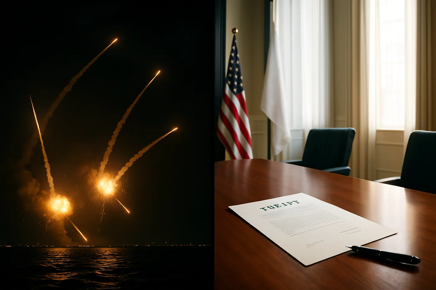 Montagem mostrando explosões de mísseis de um lado e uma mesa de negociação diplomática do outro.