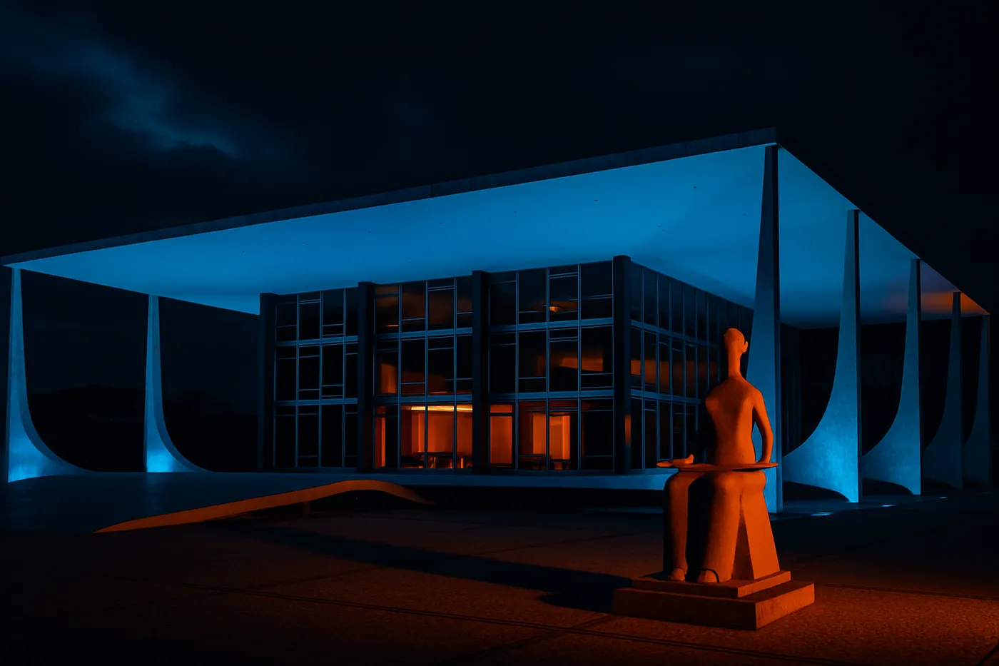 Fachada do Supremo Tribunal Federal sob iluminação dramática durante a noite.