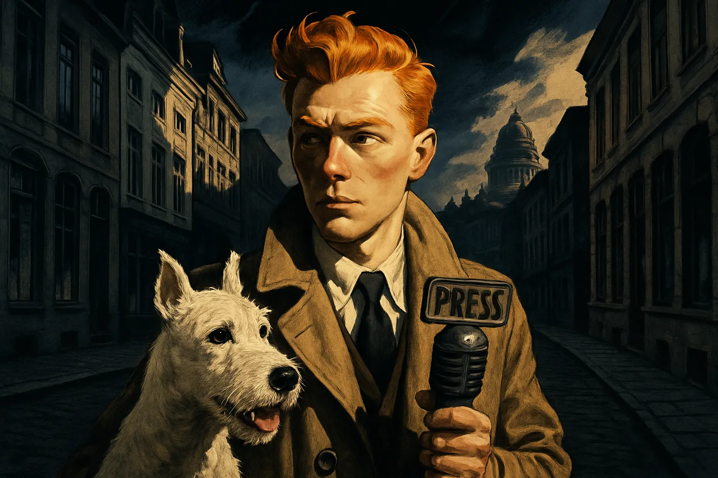Tintin e Milu em uma rua clássica de Bruxelas sob luz dramática.
