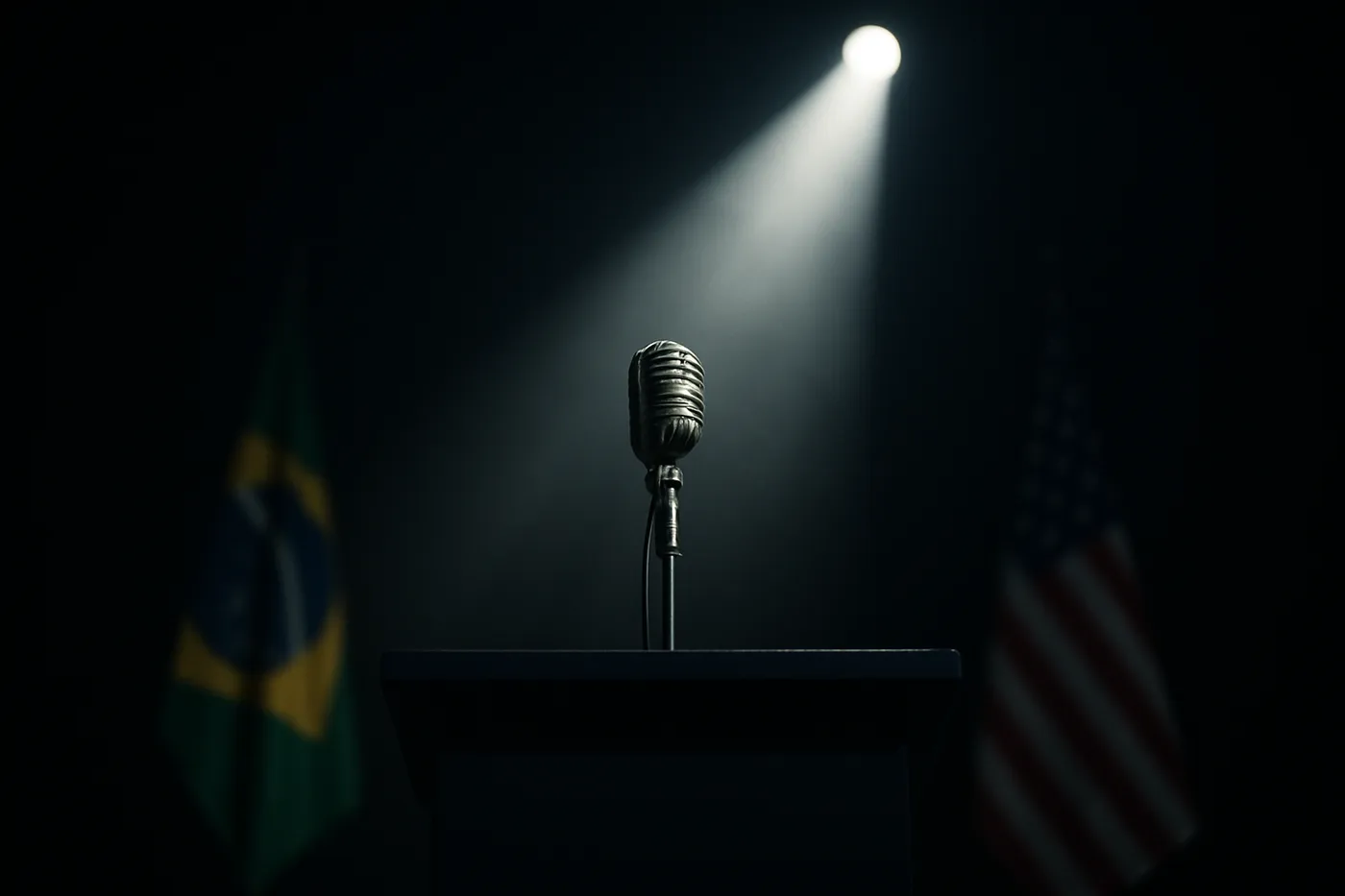 Microfone solitário em palanque político sob luz intensa em ambiente escuro e dramático.