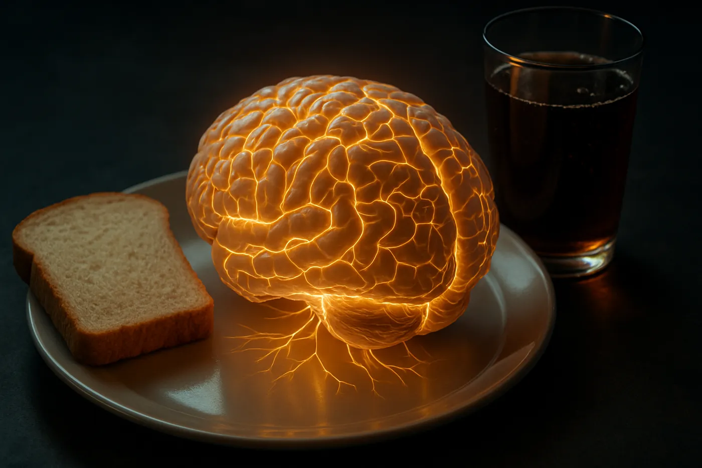 Ilustração artística de um cérebro humano brilhante em um prato, simbolizando a conexão entre alimentação e saúde cognitiva.