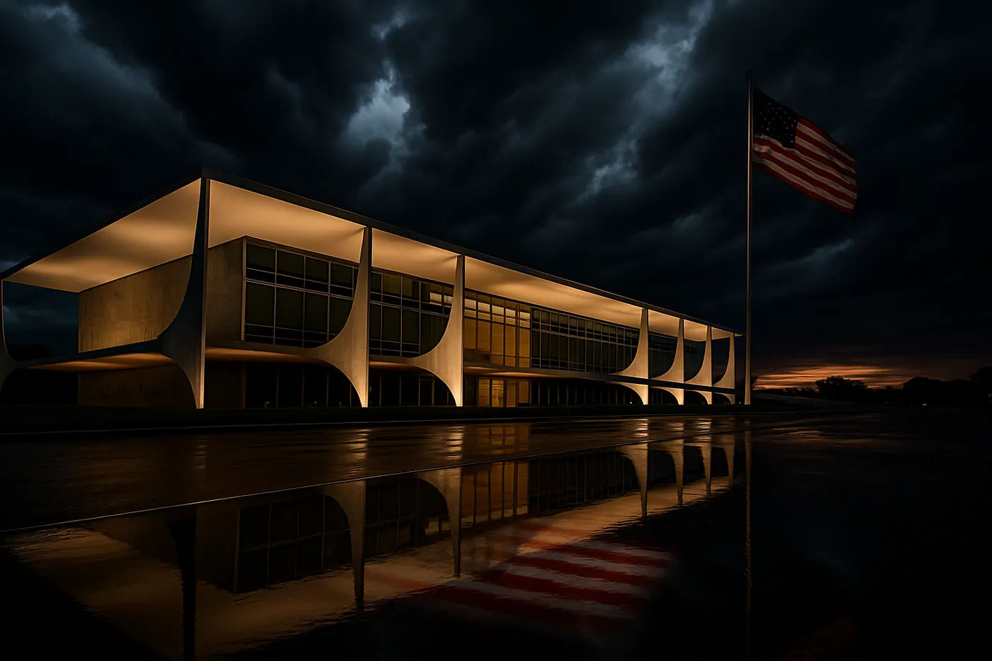 Palácio do Planalto sob céu nublado simbolizando tensão política.
