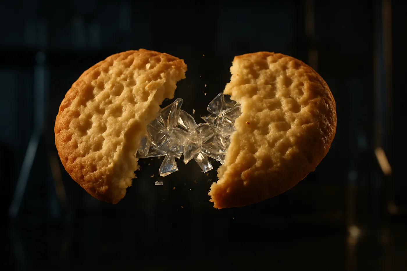 Close-up cinematográfico de um biscoito sendo partido, revelando texturas incomuns e iluminação dramática.