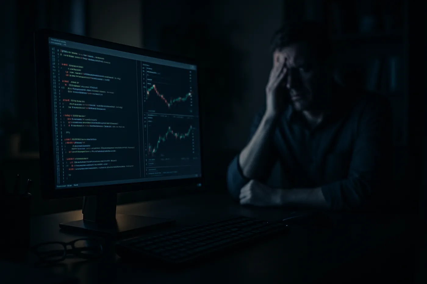 Tela de computador brilhando no escuro com códigos de programação e sinais de erro financeiro.