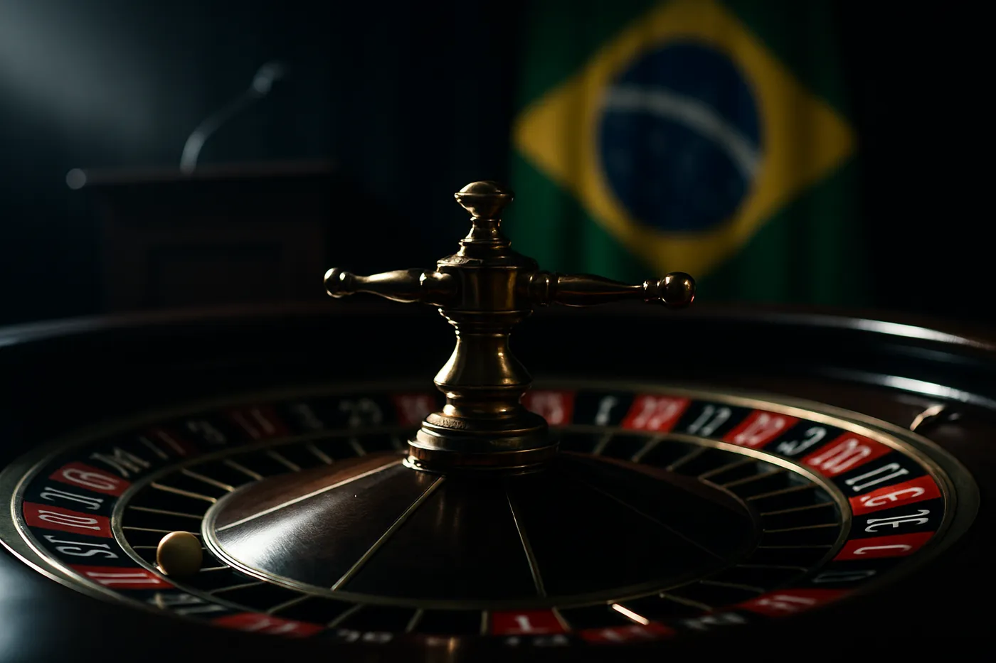 Close de roleta de apostas parando bruscamente com bandeira do Brasil ao fundo.